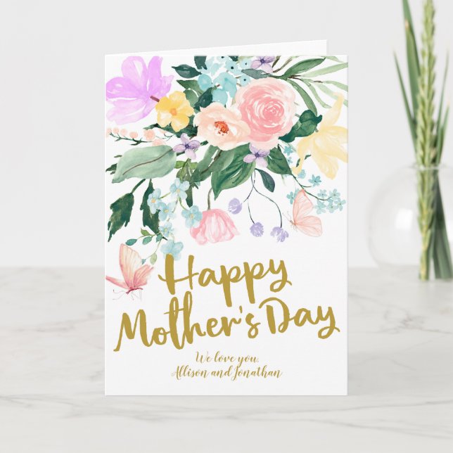 Ömtakande blommor på vattenfärg kort för mors dag (Framsida)