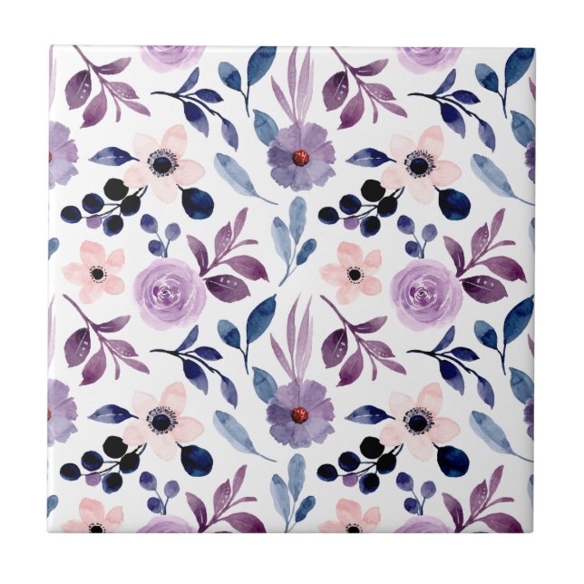 Ömtålig blomsterdesign med marinblå lavendelblad kakelplatta (Framsidan)