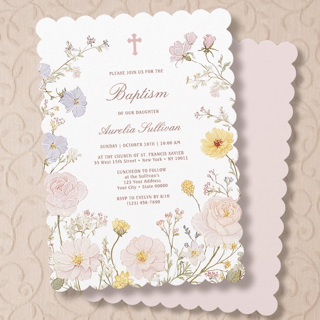 Ömtålig blomsterfäst ram dop inbjudan (Skapare uppladdad)