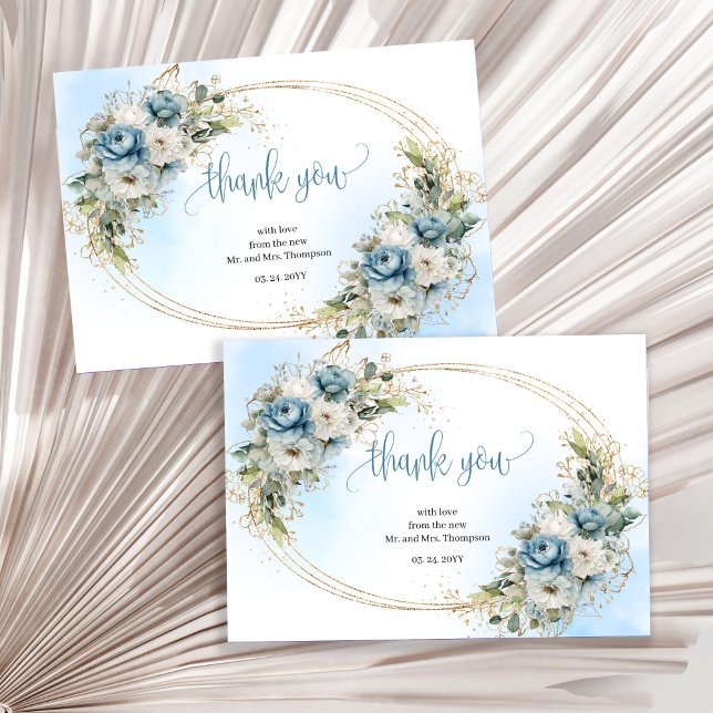 Ömtålig dammig blå guld bröllop tackkort tack kort (Delicate Dusty Blue Gold Wedding thank you card)
