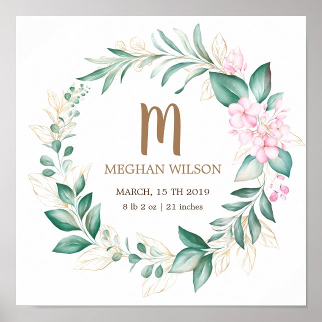 ömtålig eukalyptus greenery Baby Birth Poster (Framsidan)