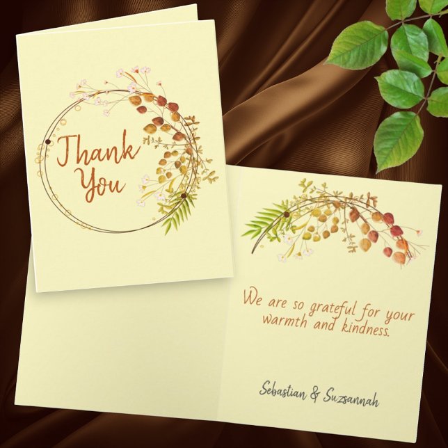 Ömtålig grön vit blomster ring personlig kort (front cover and inside cover with template text thank you note card)