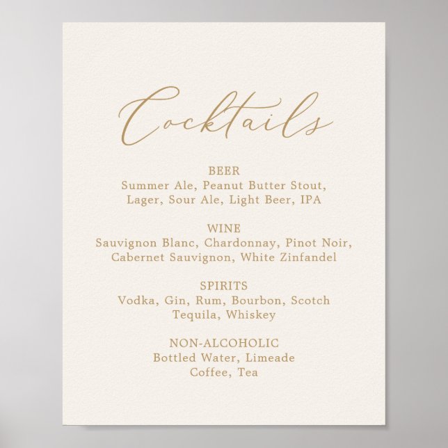 Ömtålig guldkalligrafi kräm cocktails meny poster (Framsidan)