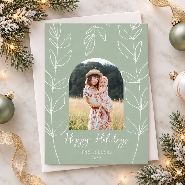 Ömtålig Handritad Botanisk Grönska Glad Julkort (Delicate Hand Drawn Botanical Greenery Happy Holiday Card)