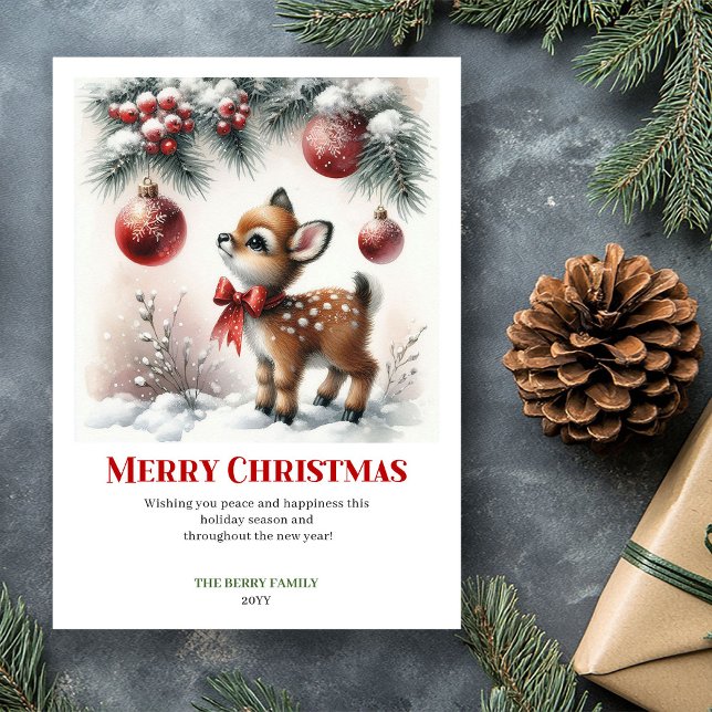 Ömtålig hjort snöig skog julhälsningskort julkort (Delicate Fawn Snowy Forest Christmas Greeting Christmas)