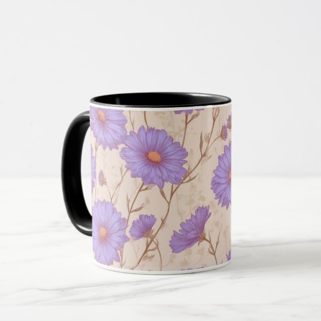 Ömtålig Lila Marguerit Kräm Blommönster Mugg (Framsida vänster)