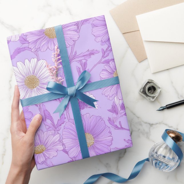 Ömtålig lila tusensköna kräm blommönster presentpapper (Gifting)