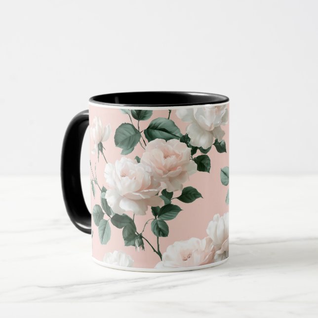 Ömtålig mjuk rosa ros vit blommig mönster mugg (Framsida vänster)