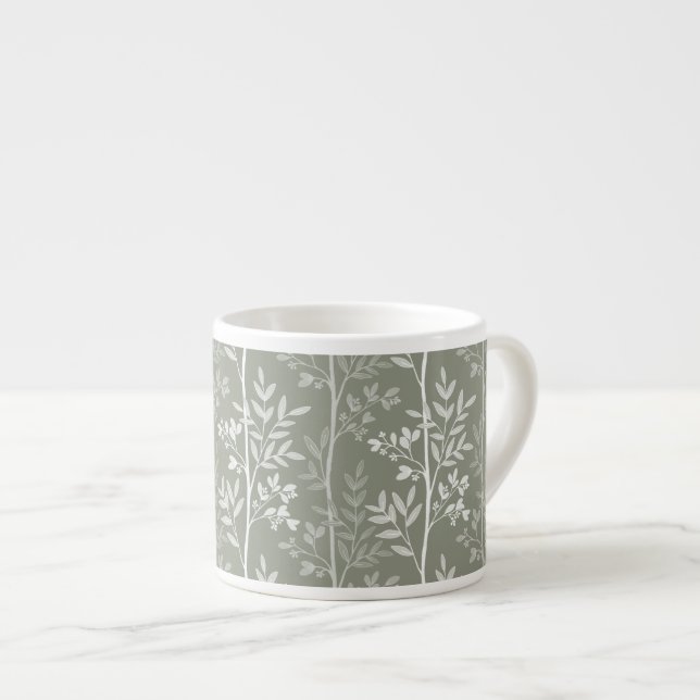Ömtålig Olivgrön och Vit Blommig Randig Konst Espressomugg (Framsida höger)