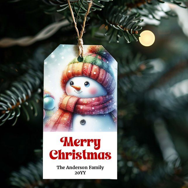 Ömtålig redigerbar julpresent för barn Snowman  Presentetikett (Delicate Editable Holiday Kids Gift Tag Snowman Cheer)
