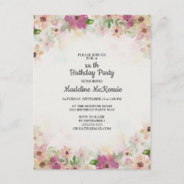 Ömtålig Rosa Lila Akvarell Blommig Födelsedag Vykort