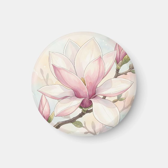 Ömtålig Rosa Magnolia Watercolor Blomning Magnet (Framsidan)