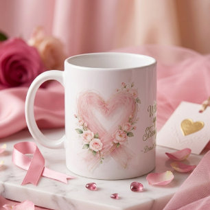 Ömtålig Rosa Medvetenhetsband Hjärtformade Blommor Kaffemugg