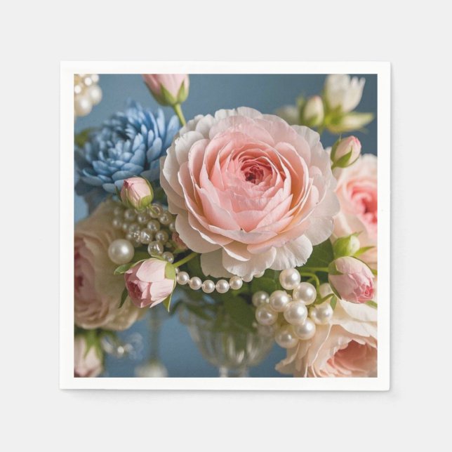 Ömtålig rosa ros med pärlor i vas pappersservett (Framsidan)