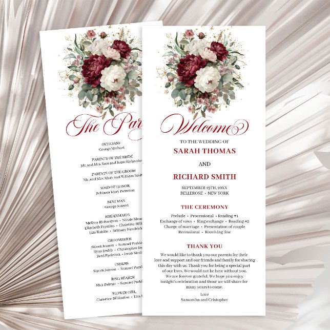 Ömtålig rosaburgunder Blommig Bröllopsprogram Program (Delicate Blush Burgundy Floral Wedding Program)
