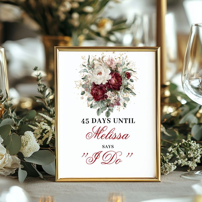 Ömtålig rosaburgunder Räkna ner Bordsskylt Poster (Delicate Blush Burgundy Countdown Tabletop Sign)