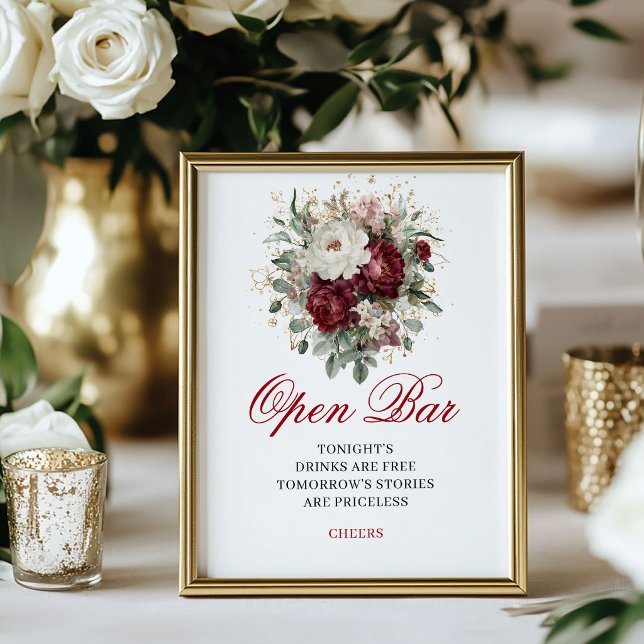 Ömtålig rosé Burgunder Öppen Bar Bröllopsaffisch Poster (Delicate Blush Burgundy Open Bar Wedding Poster)