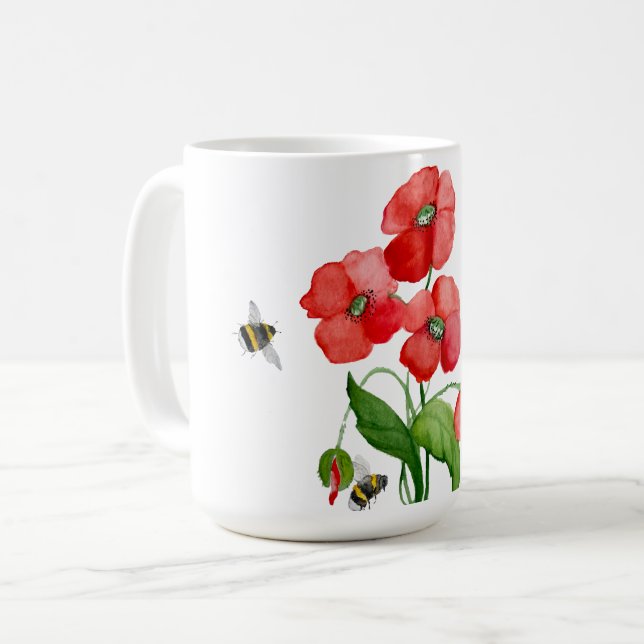 Ömtålig scharlakansröd vallmoväxt och humlor kaffemugg (Framsida vänster)