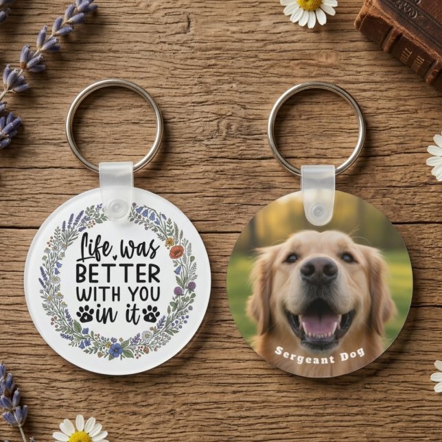 Ömtålig vildblomma Kronblad Minnes- Tassavtryck Ko Nyckelring (Dog pet memorial keychain)