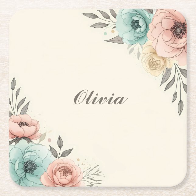 Ömtåliga akvarellskissblommor  underlägg papper kvadrat (Framsidan)