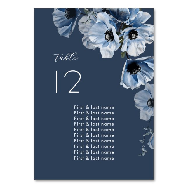 Ömtåliga Blå Blommor Bröllop Bordsnummer (Framsidan)
