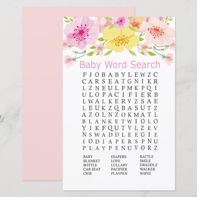 Ömtåliga blommor Baby Shower Ordsökande Spel (Fram/baksida)