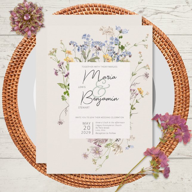 Ömtåliga Boho Vildblommor Krämfärgad Bröllopsinbju Inbjudningar (Skapare uppladdad)