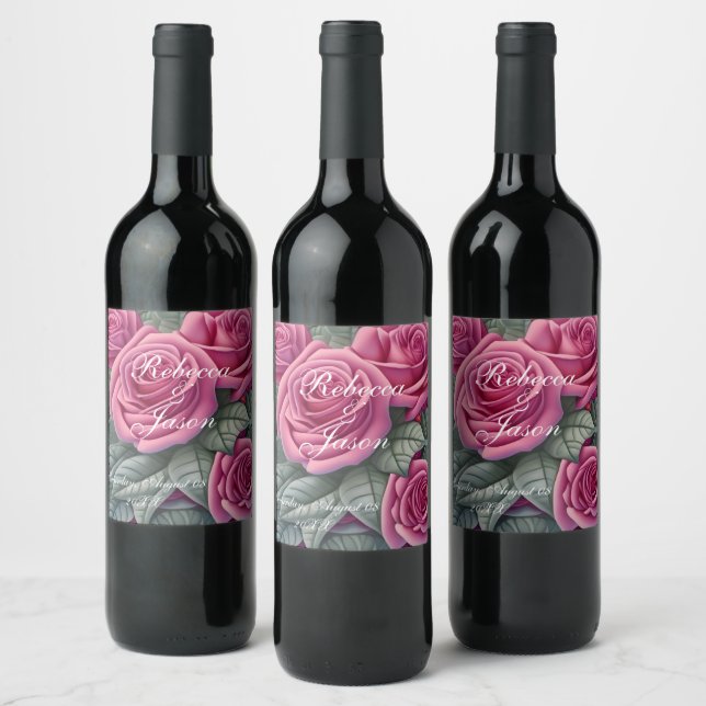 Ömtåliga Pastell Rosa Bröllopsrosor Vinflaska Etikett (Flaskor)