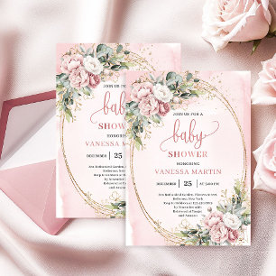 Ömtåliga Rosa Guld Blommor Eukalyptus Baby Shower  Inbjudningar