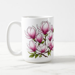 Ömtåliga rosa magnoliablommor på gren kaffemugg