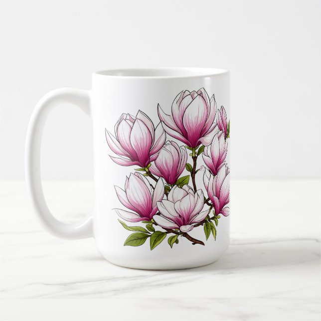 Ömtåliga rosa magnoliablommor på gren kaffemugg (Vänster)