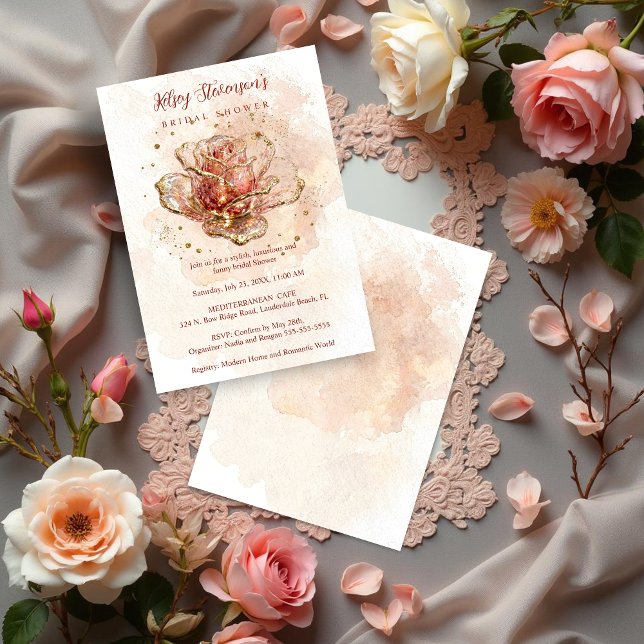 Ömtåliga Rosa Nyanser Glitter Glas Effekt Ros  Inbjudningar (Delicate Pink Shades Glitter Glass Effect Rose Ornament Bridal Shower Invitation Card Design.)