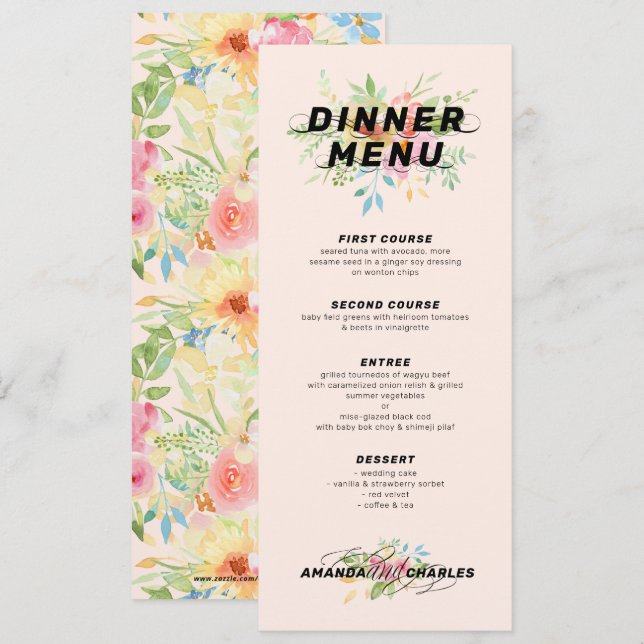 Ömtåliga rosa och gula blommor bukett & mönster inbjudningar (Fram/baksida)