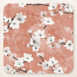Ömtåliga rosa och vita Sakura-grenar på marinblått Underlägg Papper Kvadrat