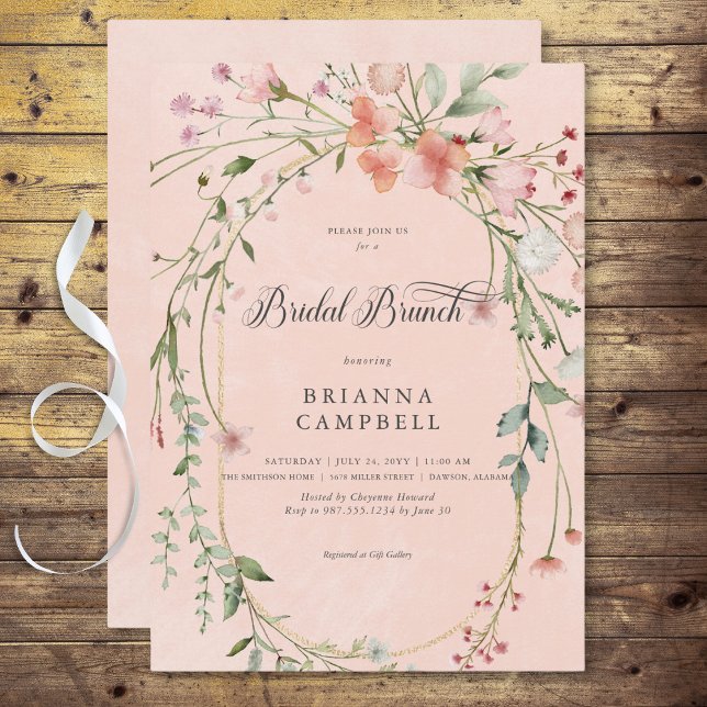 Ömtåliga Rosa Rustika Vildblommor Bröllopsbrunch Inbjudningar (Delicate Pink Rustic Wildflowers Bridal Brunch Invitation)