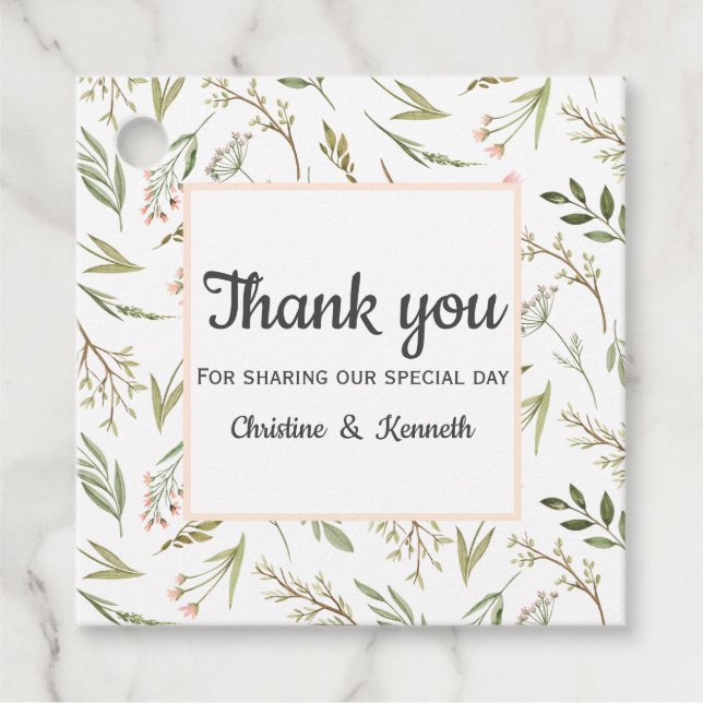 Ömtåliga rosa vildblommor tack bröllop gåvor etiketter (Framsida)