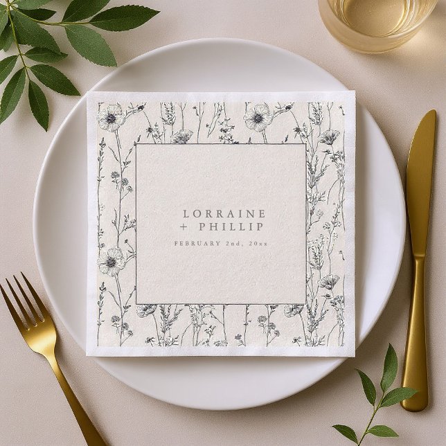 Ömtåliga vackra vilda blommor bröllopsservett pappersservett (Delicate pretty wild flowers wedding napkin.)