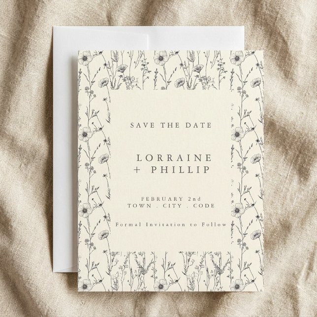 Ömtåliga vilda blommor sömlöst mönster bröllop spara datumet (Delicate wild flowers seamless pattern wedding save the date.)