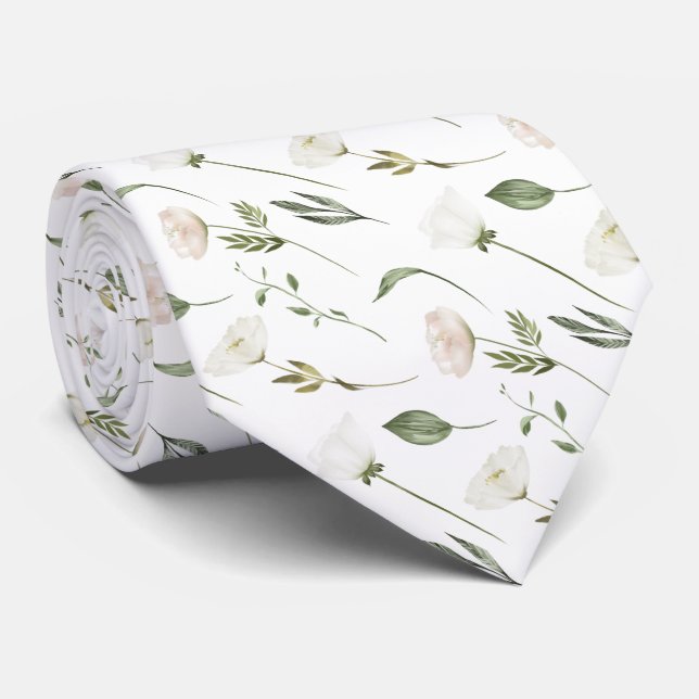 Ömtåliga vita blommor gröna blad på vitt slips (Rullad)