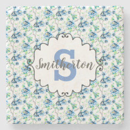 Ömtåligt blå och vit blomster monogram sten stenunderlägg