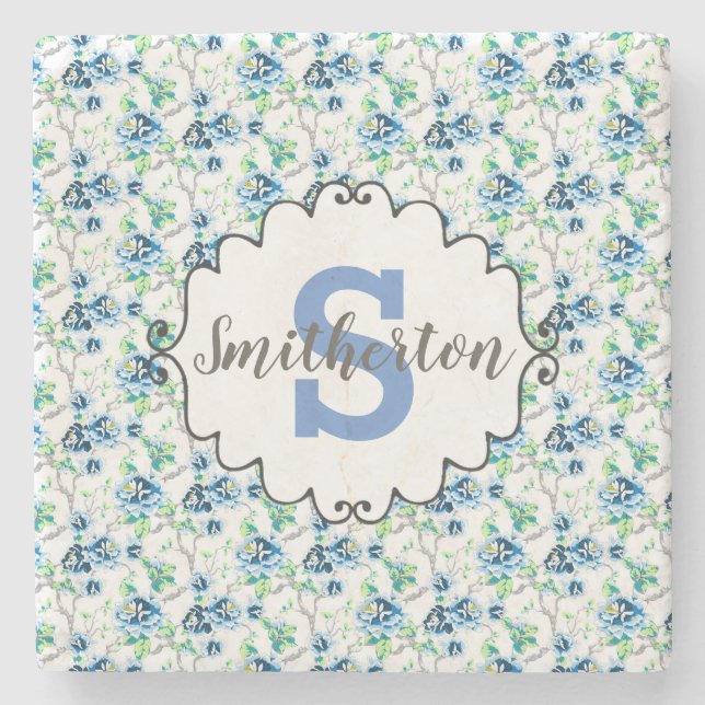 Ömtåligt blå och vit blomster monogram sten stenunderlägg (Framsidan)