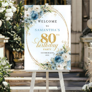 Ömtåligt boho blått blommotiv guld ram 80-årsdag poster