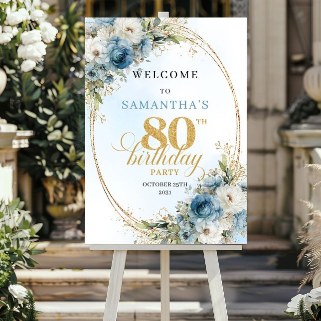 Ömtåligt boho blått blommotiv guld ram 80-årsdag poster (Delicate boho blue florals gold frame 80th birthday

)
