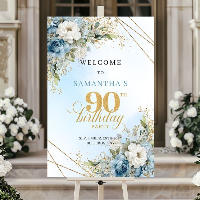 Ömtåligt boho blått blommotiv guld ram 90-årsdag poster (Delicate boho blue florals gold frame 90th birthday

)