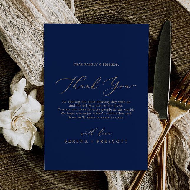 Ömtåligt guld och marinblå tack-receptions kort (Delicate Gold and Navy Thank You Reception Card)