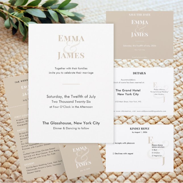 Omvänd Champagne Et-tecken Bröllop | Spara datum Datumet (Horizontal reverse champagne save the date with refined minimalist type for warm elegance.)