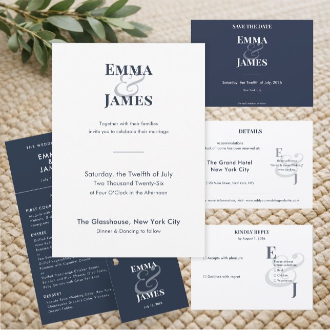 Omvänd marinblå Ampersand Bröllop | Spara datum Datumet (Reverse navy horizontal save the date featuring clean modern type for a timeless style.)