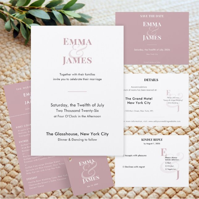 Omvänd Mauve Et-tecken Bröllop | Spara datumet (Reverse mauve horizontal save the date with refined minimalist type for a soft, modern look.)