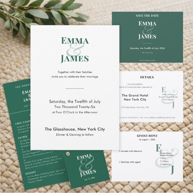 Omvänd smaragdampersand bröllop | Spara datum Datumet (Horizontal reverse emerald save the date with modern minimalist type for a bold, elegant look.)