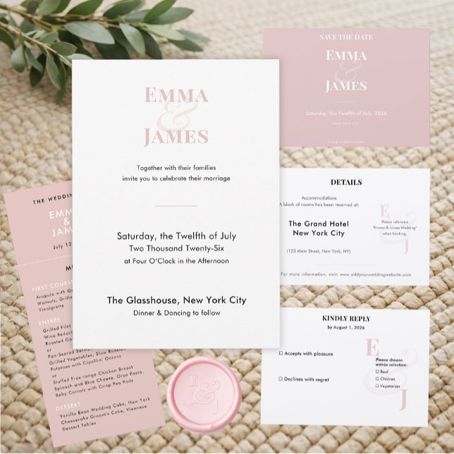 Omvändt rosafärgad Ampersand Bröllop | Spara datum Datumet (Modern horizontal save the date in reverse blush featuring clean, refined minimalist typography.)